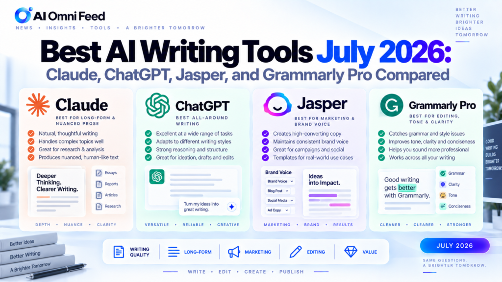 Best AI Writing Tools July 2026: Claude, ChatGPT, Jasper, and Grammarly Pro Compared